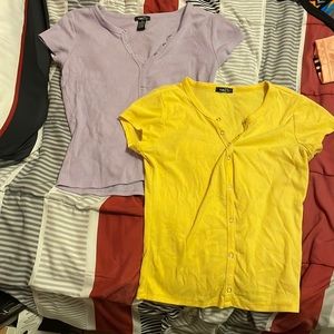 Rue 21! purple and yellow, short sleeve, slightly belly shirts